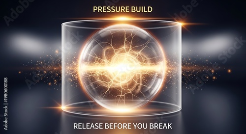 A 3D rendering of a glowing energy sphere confined within a transparent glass cylinder, conveying a sense of intense pressure build-up and release, ideal for concepts related to stress, energy