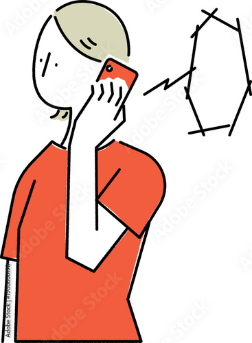 スマホで問い合わせをする女性の線画イラスト