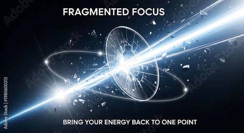A visually striking abstract representation of energy and focus, featuring laser beams and a shattered lens-like object on a dark background, conveying themes of concentration and power.