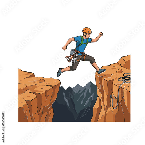 Man jumping across cliff edge with climbing gear on mountain peak