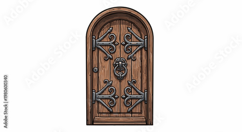 Detailed, arched wooden door with ornate metal hinges and a ring knocker