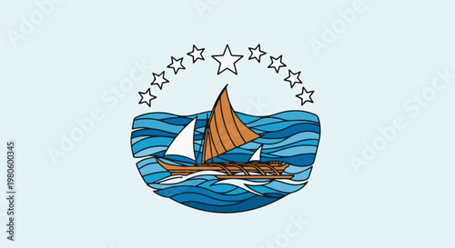 Stylized sailing canoe on wavy blue water under a star arc