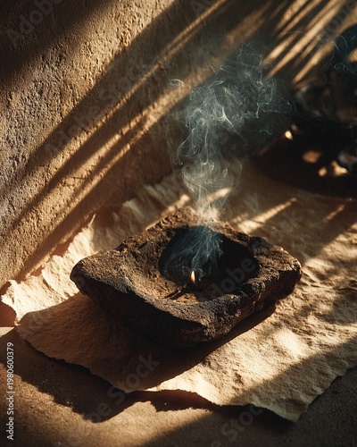 Vertical rustic photography earthy incense burner on textured fabric creating a serene rural ambiance with natural aroma in minimalist interior design