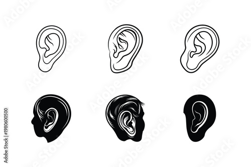 Human ear icons ear anatomy and silhouette ear listening hearing symbol medical