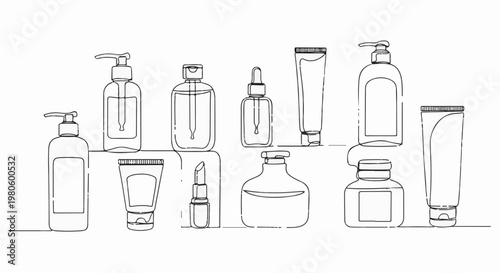 Assortment of cosmetic and personal care containers in a minimalist line art style