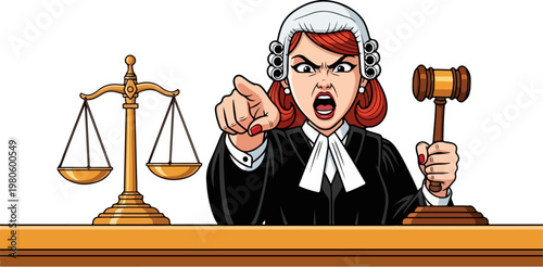 Angry female judge cartoon character holding wooden gavel, shouting judge pointing finger in courtroom, legal justice concept vector illustration