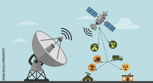 Satellite Communication System and Ground Station Network Vector Illustration