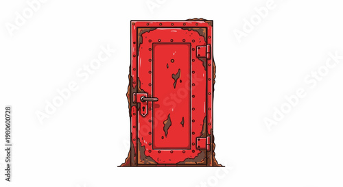 A rustic, distressed red metal door with visible rust and rivets