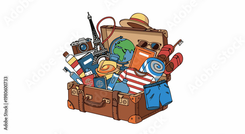 Packed suitcase overflowing with travel essentials and iconic landmarks