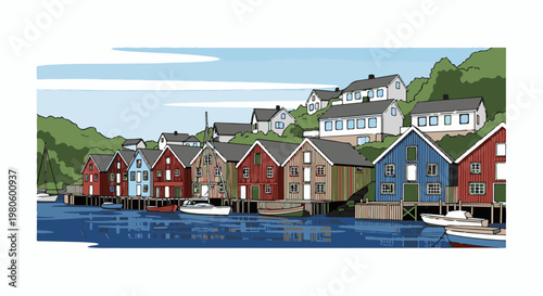 Colorful wooden stilt houses line a harbor with boats under a cloudy sky