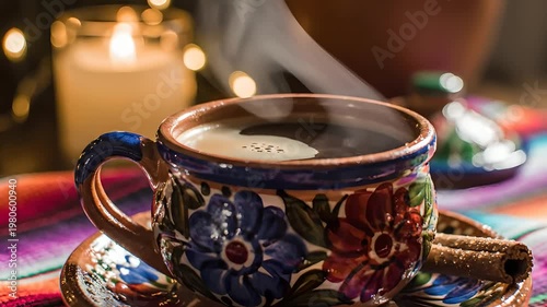 Café de olla humeante en taza de barro tradicional con canela sobre sarape colorido, atmósfera cálida para celebraciones de Cinco de Mayo, desayuno auténtico mexicano y herencia.