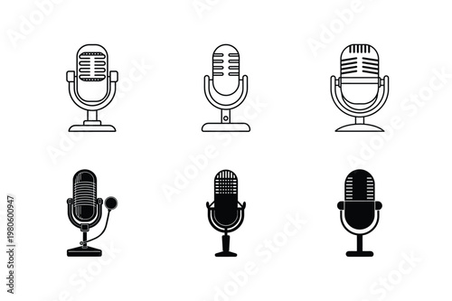 Vintage microphone icons retro sound recording equipment broadcasting studio mic