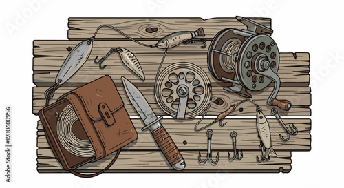 Assortment of vintage fishing gear and tools laid out on distressed wooden planks