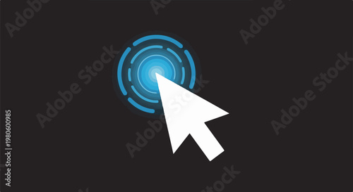 A white cursor arrow points to a glowing blue circle on a dark background