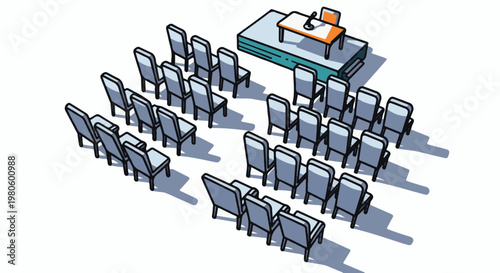 Empty rows of chairs facing a podium with a microphone and notepad