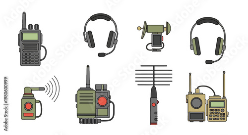 Military Communication Device Vector Icons Set, Tactical Walkie Talkie and Radio Equipment