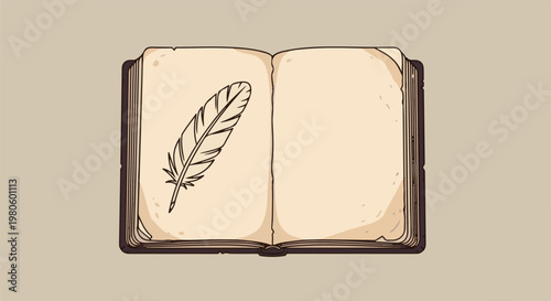 An open, aged book with a feather quill drawing on the left page