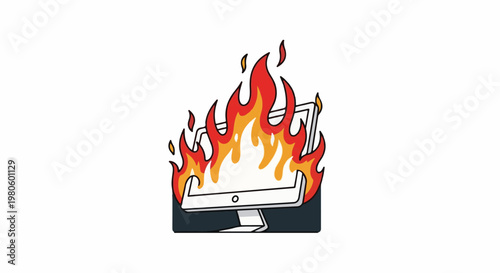 A stylized computer monitor engulfed in bright orange and red flames