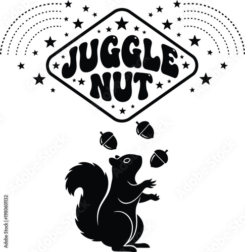 Squirrel juggling acorns under starry sign black and white
