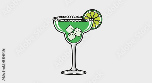 Refreshing green cocktail with ice cubes and lime garnish in a stemmed glass