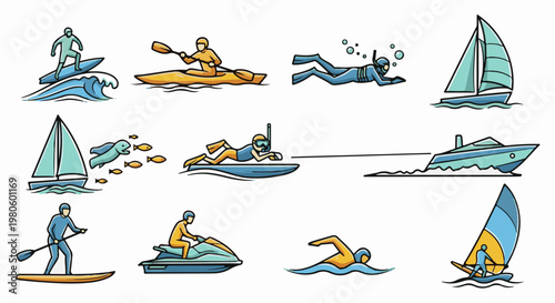 Cartoon icons depicting various water sports and activities