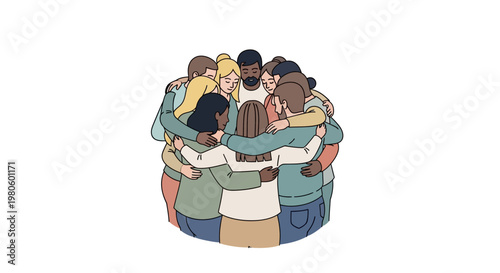 Diverse group of people standing in a circle hugging each other.