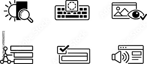 Accessibility Audit Icon Set Black and White Vector Collection for UI UX Design