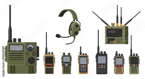 Military Communication Equipment Vector Set, Tactical Radio Wireless Icons, and Field Walkie Talkie Headset