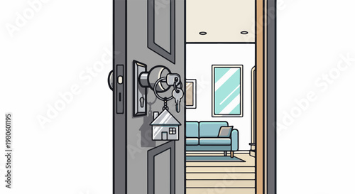 Open door reveals keys to a living room with sofa