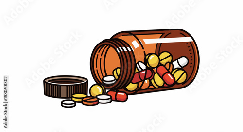 An amber bottle tipped over with many colorful pills and capsules spilled out