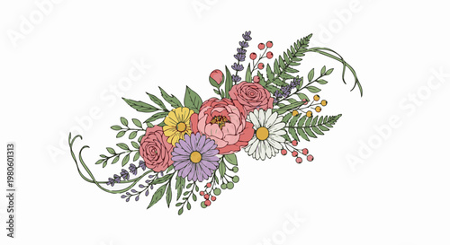 Delicate floral arrangement with roses, daisies, lavender, and berries
