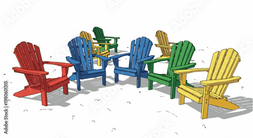 A group of vibrantly colored Adirondack chairs arranged in a semicircle on sand