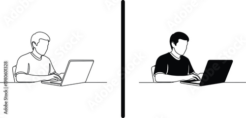 Two men working on laptops in a simple and modern workspace setup