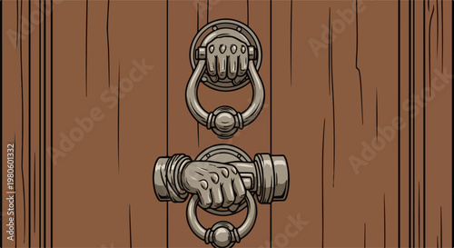 Rustic wooden door with two ornate hand-shaped metal door knockers