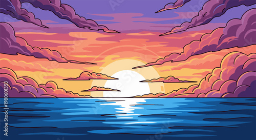 Vibrant pixel art of a sunset over a calm ocean with dramatic clouds