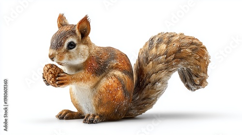 Bright squirrel statue holding a nut with realistic fur texture and glossy finish, isolated on white background with natural shadow.