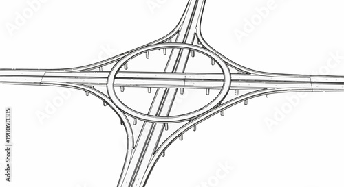 Abstract line drawing of an overhead highway interchange with a central roundabout