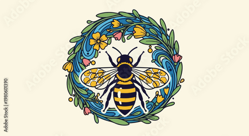 Stylized bee with yellow and black stripes, in a floral wreath