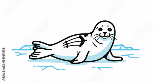 A cute cartoon seal relaxes on ice floes