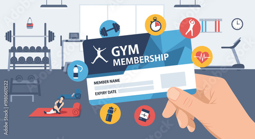 A hand holding a gym membership card with a fitness center background showing exercise equipment and a person working out.