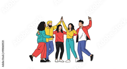 Diverse group of happy young friends cheering and celebrating together.