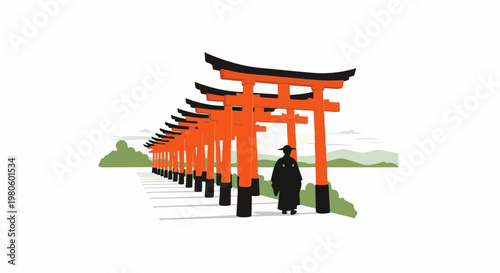 A lone figure walks beneath a path of vibrant orange torii gates