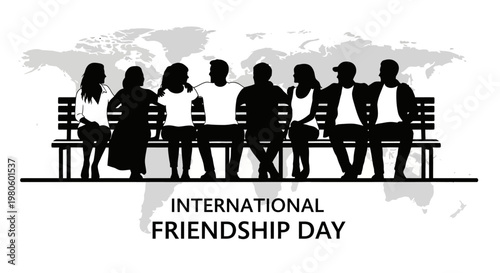 Group of diverse friends sitting together on a park bench.