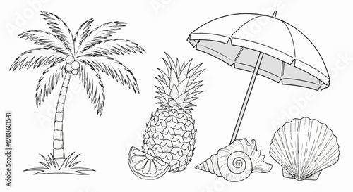 Tropical beach items palm tree, pineapple, seashells, and umbrella