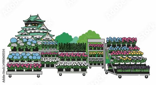 Colorful flowers displayed for sale in front of a castle