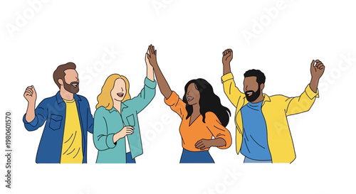 Group of diverse friends celebrating together with hands raised.