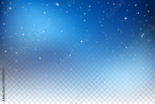 Starry night sky with transparent effect. Vector blue galaxy with shiny golden glitter. Textured space with stellar particles and magic twinkles. Dreamy realistic sparks illustration