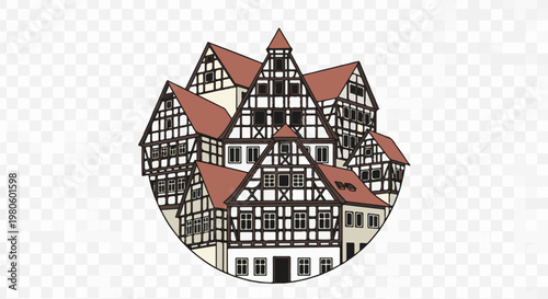 Cluster of medieval timber-framed buildings with red roofs