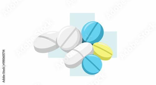 Assortment of white, blue, and yellow pills, some oval
