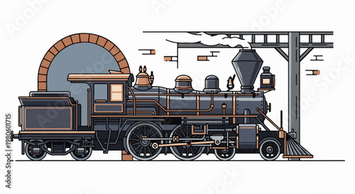 A vintage steam locomotive sits beside a brick arch tunnel and railway station